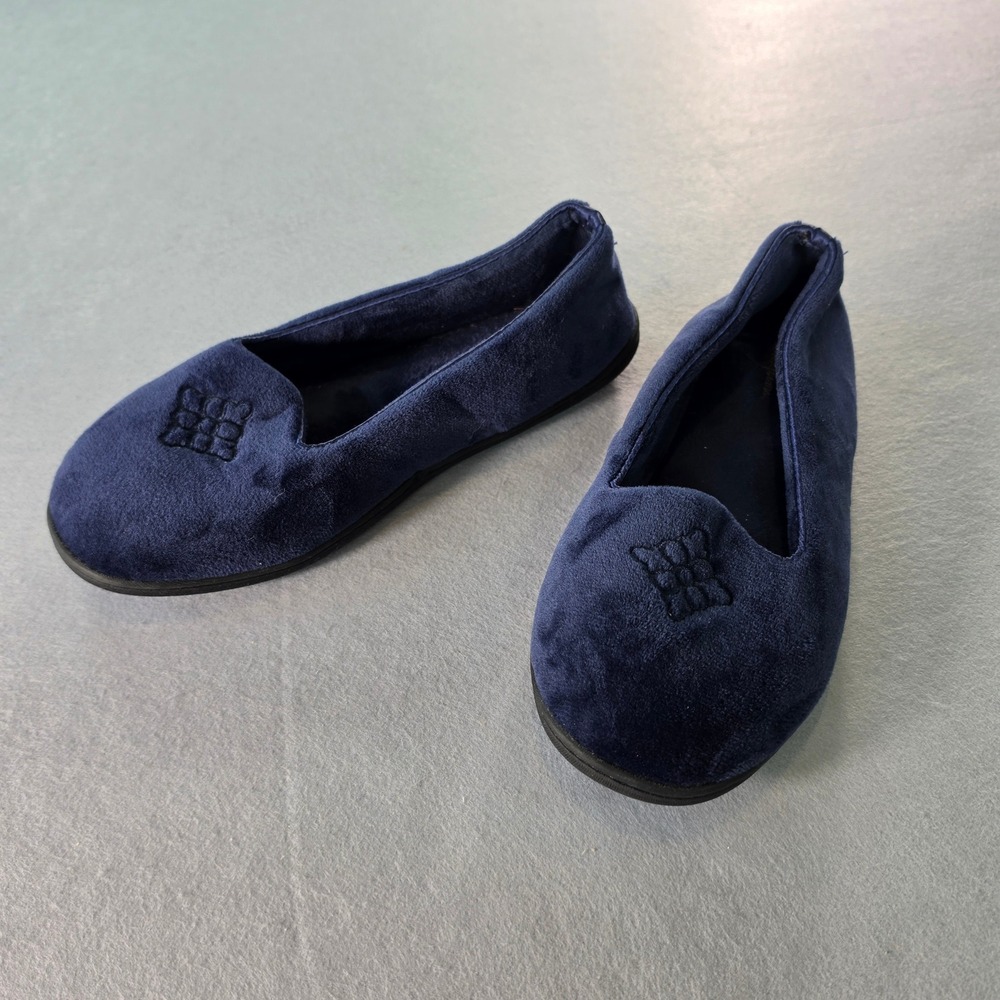 Dearfoams Navy Blue Velour Ballet Slippers Large US 9-10 Embroidered Quilted Toe